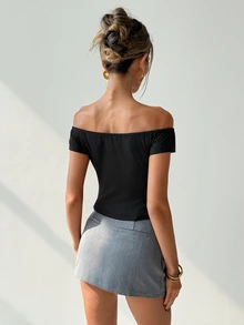 Ritzy Row Women's Off-Shoulder Fitted T-Shirt, Metal Ring Decor Design, Short Sleeve, Suitable For All Occasions - Black - View 5