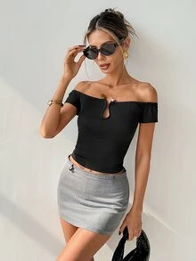 Ritzy Row Women's Off-Shoulder Fitted T-Shirt, Metal Ring Decor Design, Short Sleeve, Suitable For All Occasions - Black - View 9