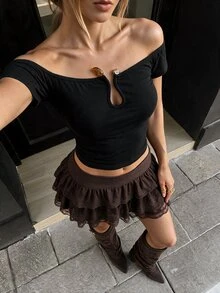 Ritzy Row Women's Off-Shoulder Fitted T-Shirt, Metal Ring Decor Design, Short Sleeve, Suitable For All Occasions - Black - View 2