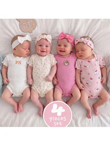 SHEIN 4pcs Newborn Baby Girl Summer Cute Knitted Cartoon Rabbit & Ditsy Floral Bodysuit Set - Multicolor - View 7