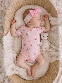 SHEIN 4pcs Newborn Baby Girl Summer Cute Knitted Cartoon Rabbit & Ditsy Floral Bodysuit Set - Multicolor - View 5