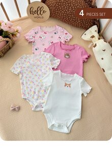 SHEIN 4pcs Newborn Baby Girl Summer Cute Knitted Cartoon Rabbit & Ditsy Floral Bodysuit Set - Multicolor - View 3