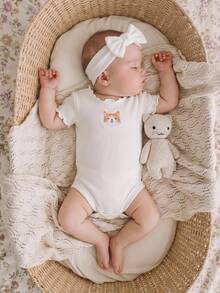 SHEIN 4pcs Newborn Baby Girl Summer Cute Knitted Cartoon Rabbit & Ditsy Floral Bodysuit Set - Multicolor - View 4