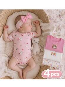 SHEIN 4pcs Newborn Baby Girl Summer Cute Knitted Cartoon Rabbit & Ditsy Floral Bodysuit Set - Multicolor - View 2
