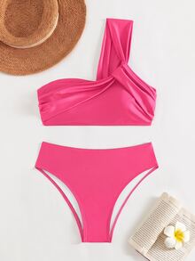 SHEIN Swim 女款夏季海灘純色單肩性感時尚比基尼兩件式泳衣套裝 - 玫紅色 - 查看 5
