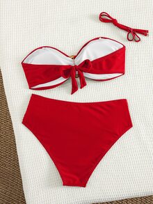 Swim Chiccia 女士沙滩度假休闲全黑可拆卸细肩带高腰裤配金属配件比基尼套装 - 紅色 - 查看 2
