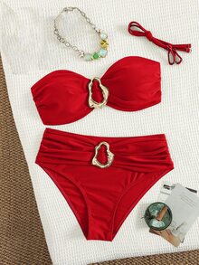 Swim Chiccia 女士沙滩度假休闲全黑可拆卸细肩带高腰裤配金属配件比基尼套装 - 紅色 - 查看 6