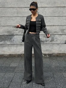 DAZY Women's 2 Pieces Set: Dark Gray Short Button-Decorated Wool Blend Blazer And Wide-Leg Trousers, Elegant Commute And Street Casual Style For Autumn/Winter - Dark Grey - View 7