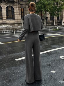 DAZY Women's 2 Pieces Set: Dark Gray Short Button-Decorated Wool Blend Blazer And Wide-Leg Trousers, Elegant Commute And Street Casual Style For Autumn/Winter - Dark Grey - View 3