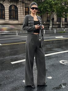 DAZY Women's 2 Pieces Set: Dark Gray Short Button-Decorated Wool Blend Blazer And Wide-Leg Trousers, Elegant Commute And Street Casual Style For Autumn/Winter - Dark Grey - View 6