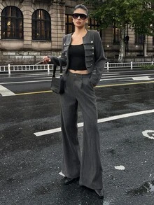 DAZY Women's 2 Pieces Set: Dark Gray Short Button-Decorated Wool Blend Blazer And Wide-Leg Trousers, Elegant Commute And Street Casual Style For Autumn/Winter - Dark Grey - View 4