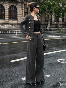 DAZY Women's 2 Pieces Set: Dark Gray Short Button-Decorated Wool Blend Blazer And Wide-Leg Trousers, Elegant Commute And Street Casual Style For Autumn/Winter - Dark Grey - View 5