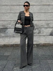 DAZY Women's 2 Pieces Set: Dark Gray Short Button-Decorated Wool Blend Blazer And Wide-Leg Trousers, Elegant Commute And Street Casual Style For Autumn/Winter - Dark Grey - View 2