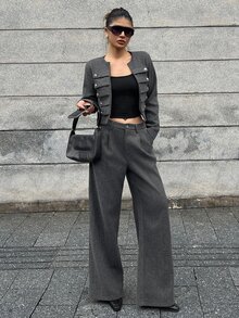 DAZY Women's 2 Pieces Set: Dark Gray Short Button-Decorated Wool Blend Blazer And Wide-Leg Trousers, Elegant Commute And Street Casual Style For Autumn/Winter - Dark Grey - View 1