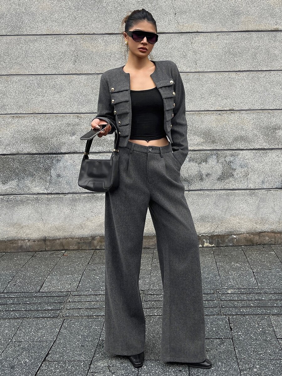 DAZY Women's 2 Pieces Set: Dark Gray Short Button-Decorated Wool Blend Blazer And Wide-Leg Trousers, Elegant Commute And Street Casual Style For Autumn/Winter - Dark Grey - View 1