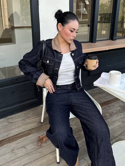 DAZY Women's Fall/ Plaid Patchwork Cropped Denim Jacket High-Waist Wide-Leg Long Pants Streetwear Everyday Casual Denim Set Navy Blue