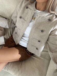 DAZY Women's Regular Fit Short Wool Jacket With Stand Collar, Metal Buttons, Military Style, Business Casual For Autumn, Office Beige - Beige - View 4