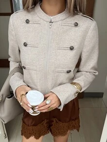 DAZY Women's Regular Fit Short Wool Jacket With Stand Collar, Metal Buttons, Military Style, Business Casual For Autumn, Office Beige - Beige - View 5