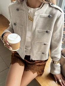 DAZY Women's Regular Fit Short Wool Jacket With Stand Collar, Metal Buttons, Military Style, Business Casual For Autumn, Office Beige - Beige - View 3