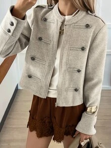 DAZY Women's Regular Fit Short Wool Jacket With Stand Collar, Metal Buttons, Military Style, Business Casual For Autumn, Office Beige - Beige - View 2