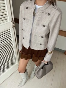 DAZY Women's Regular Fit Short Wool Jacket With Stand Collar, Metal Buttons, Military Style, Business Casual For Autumn, Office Beige - Beige - View 6