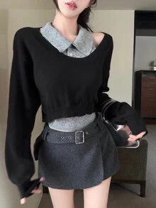 DAZY Women's 2pcs Set Fall Slim Fit Grey Knit Vest Shirt-Style Base Layer Tank Top Black Cold Shoulder Pullover Sweater Sweet Casual City Break Winter - Black - View 1