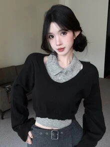 DAZY Women's 2pcs Set Fall Slim Fit Grey Knit Vest Shirt-Style Base Layer Tank Top Black Cold Shoulder Pullover Sweater Sweet Casual City Break Winter - Black - View 3