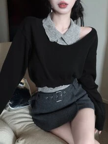 DAZY Women's 2pcs Set Fall Slim Fit Grey Knit Vest Shirt-Style Base Layer Tank Top Black Cold Shoulder Pullover Sweater Sweet Casual City Break Winter - Black - View 8
