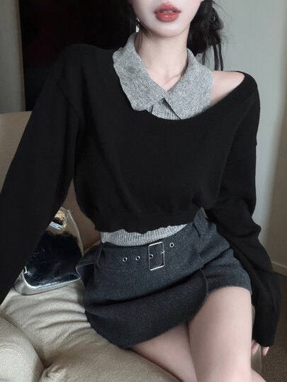 DAZY Women's 2pcs Set Fall Slim Fit Grey Knit Vest Shirt-Style Base Layer Tank Top Black Cold Shoulder Pullover Sweater Sweet Casual City Break Winter