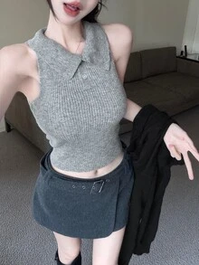 DAZY Women's 2pcs Set Fall Slim Fit Grey Knit Vest Shirt-Style Base Layer Tank Top Black Cold Shoulder Pullover Sweater Sweet Casual City Break Winter - Black - View 5