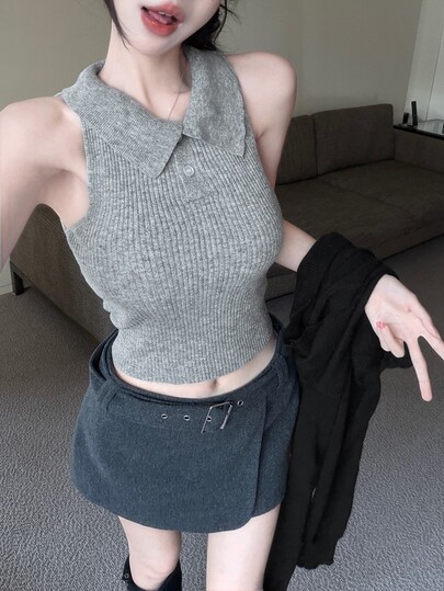 DAZY Setelan 2 Potong Wanita Musim Gugur Slim Fit Rompi Rajut Abu-abu Gaya Kemeja Lapisan Dasar Tank Top Hitam Sweater Pullover Bahu Terbuka Kasual Manis Liburan Kota Musim Dingin
