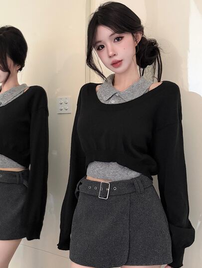 DAZY Women's 2pcs Set Fall Slim Fit Grey Knit Vest Shirt-Style Base Layer Tank Top Black Cold Shoulder Pullover Sweater Sweet Casual City Break Winter