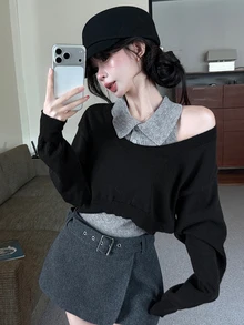 DAZY Women's 2pcs Set Fall Slim Fit Grey Knit Vest Shirt-Style Base Layer Tank Top Black Cold Shoulder Pullover Sweater Sweet Casual City Break Winter - Black - View 2