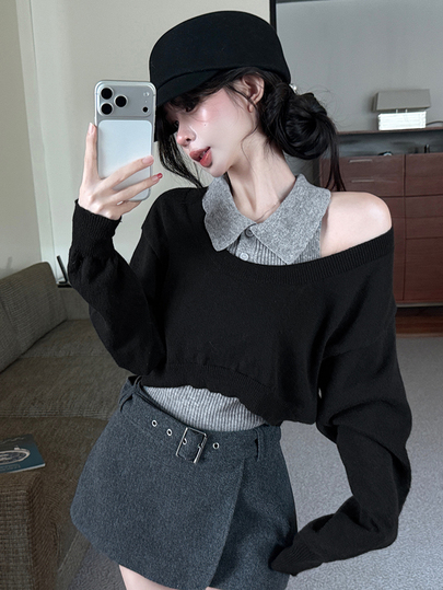 DAZY 女款 2 件套秋季修身灰色針織背心襯衫式打底背心上衣，黑色露肩套頭毛衣，甜美休閒城市度假冬季穿搭