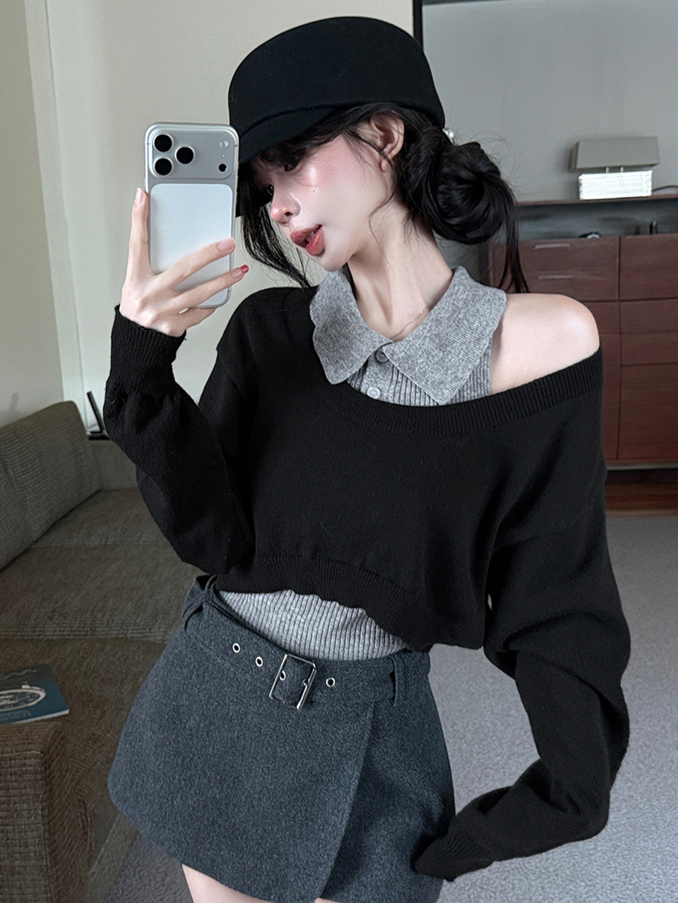 Women's 2pcs Set Autumn/Winter Slim Fit Grey Knit Vest Shirt-Style Base Layer Tank Top And Black Off-Shoulder Pullover Sweater, Commuter Sweet Casual Streetwear
