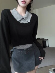 DAZY Women's 2pcs Set Fall Slim Fit Grey Knit Vest Shirt-Style Base Layer Tank Top Black Cold Shoulder Pullover Sweater Sweet Casual City Break Winter - Black - View 7
