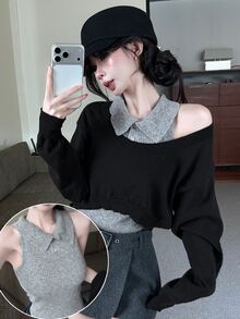 DAZY Women's 2pcs Set Fall Slim Fit Grey Knit Vest Shirt-Style Base Layer Tank Top Black Cold Shoulder Pullover Sweater Sweet Casual City Break Winter - Black - View 9