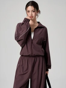 DAZY Spring/Autumn White Lapel Ribbon Patchwork Motorcycle Jacket Cardigan Outdoor Coat Jogger Pants Loose Casual Streetwear Women's Sports Set - Red Violet - View 6