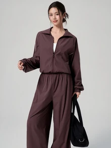 DAZY Spring/Autumn White Lapel Ribbon Patchwork Motorcycle Jacket Cardigan Outdoor Coat Jogger Pants Loose Casual Streetwear Women's Sports Set - Red Violet - View 5
