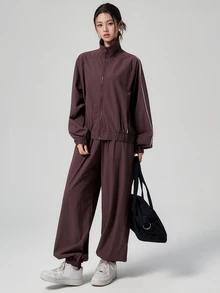 DAZY Spring/Autumn White Lapel Ribbon Patchwork Motorcycle Jacket Cardigan Outdoor Coat Jogger Pants Loose Casual Streetwear Women's Sports Set - Red Violet - View 1