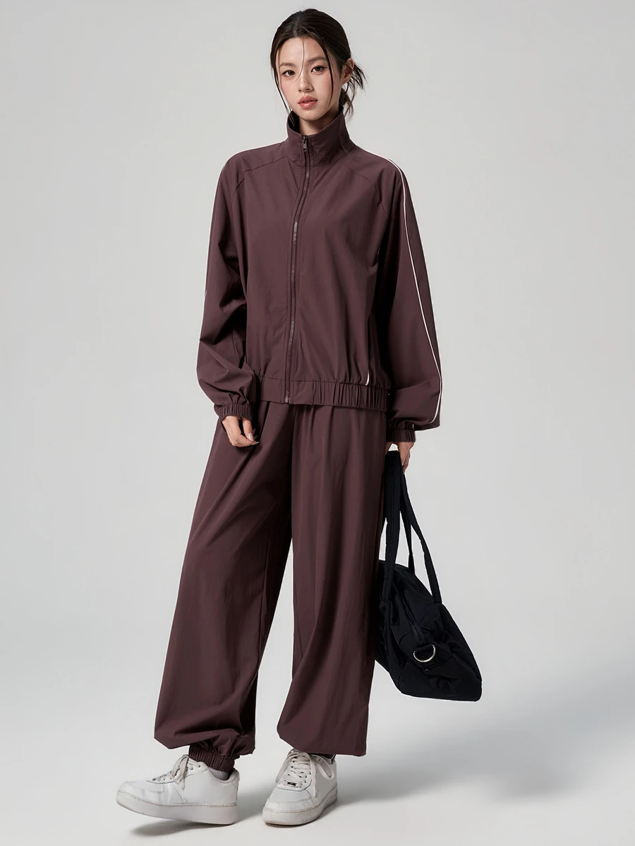 DAZY Spring/Autumn White Lapel Ribbon Patchwork Motorcycle Jacket Cardigan Outdoor Coat Jogger Pants Loose Casual Streetwear Women's Sports Set - Red Violet - View 1