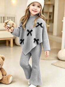 Elladie kids 少女春/秋/冬可愛T恤套裝，不對稱套頭高領羅紋灰色長袖上衣搭配喇叭褲，2件組，適合學校與家庭穿著 - 灰色 - 查看 5
