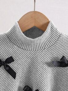 Elladie kids 少女春/秋/冬可愛T恤套裝，不對稱套頭高領羅紋灰色長袖上衣搭配喇叭褲，2件組，適合學校與家庭穿著 - 灰色 - 查看 7