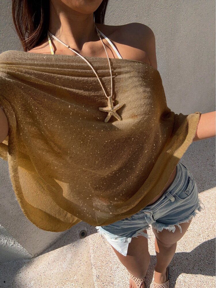 Sunnyshic Women's Casual Tropical Sexy Vacation Island Beach Loose Knit Shawl Cover Up, Spring/Summer Brown And Gold - Brown - View 1