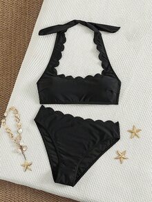 Swim Chiccia Women's Solid Color Petal Shaped Bikini Set, Summer - Black - View 6
