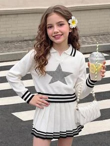 SHEIN 青少年女孩白色星星圖案長袖毛衣與百褶針織裙套裝 校外校園秋季街頭風印花 - 黑與白 - 查看 11