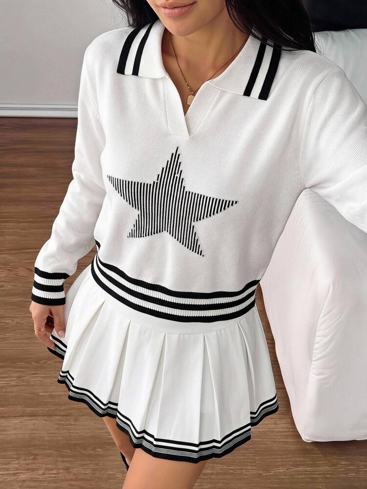 SHEIN Tween Girl White Star Pattern Long Sleeve Sweater And Pleated Knit Skirt Set Off Campus School Autumn Streetwear Graphic - Black and White - View 1