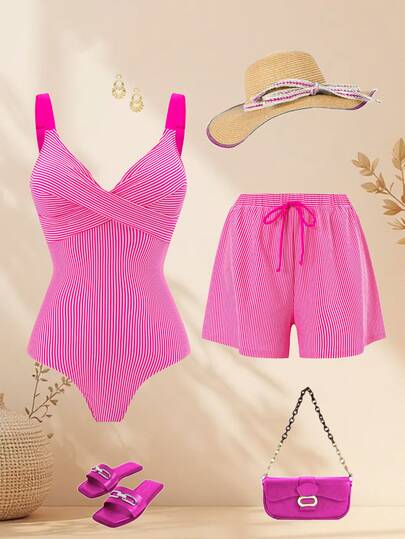 Swim Oasis Conjunto de traje de baño de 2 piezas para mujer primavera/verano 2026, color rosa frambuesa con rayas verticales, traje de baño de una pieza con escote en V cruzado delantero, tirantes anchos, cintura elástica con cordón y pantalones cortos anchos casuales, conjunto de ropa de baño conservador para vacaciones en la playa