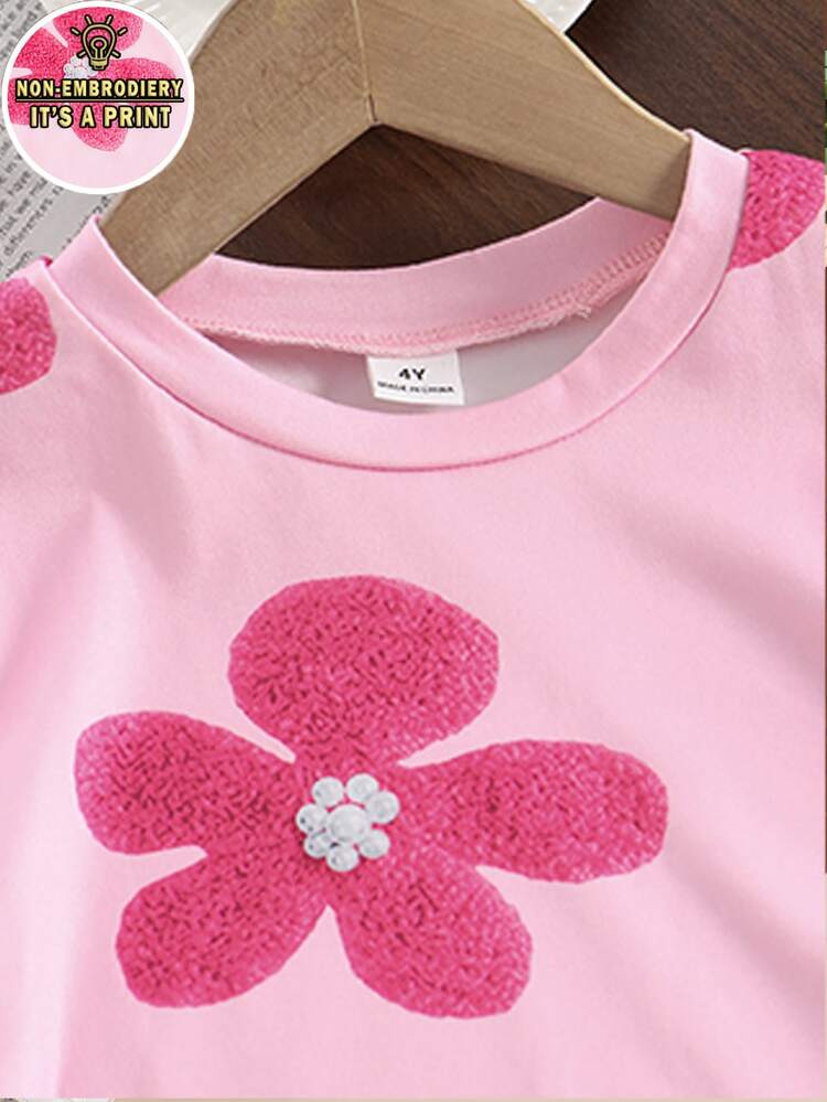 Tween Girl 2pcs Pink Summer Cute Vacation Floral Graphic Loose T-Shirt And Shorts Set,Casual Spring Vibes 4th Of July Stylish Outfits Easy Comfort - Multicolor - View 4