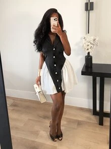 SHEIN BamGlam Ini adalah jaket tanpa lengan gaya musim gugur-musim dingin terbaru untuk wanita, dipadukan dengan gaun rok payung berwarna senada. Tampilannya elegan untuk pemakaian sehari-hari. - Hitam dan Putih - View 5